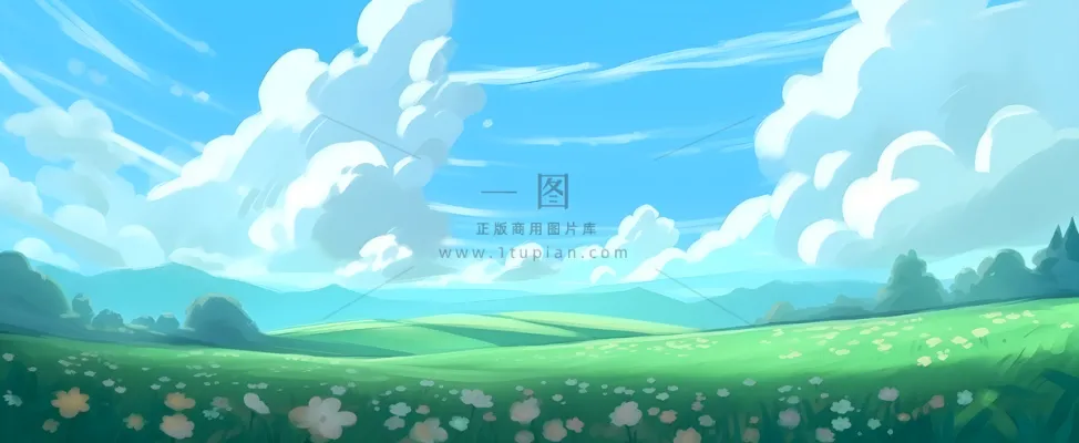 春天蓝天白云草原绿色树草地手绘插画海报素材背景
