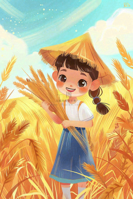 秋收麦田里抱着麦穗的女孩农民芒种立秋秋分卡通插画背景
