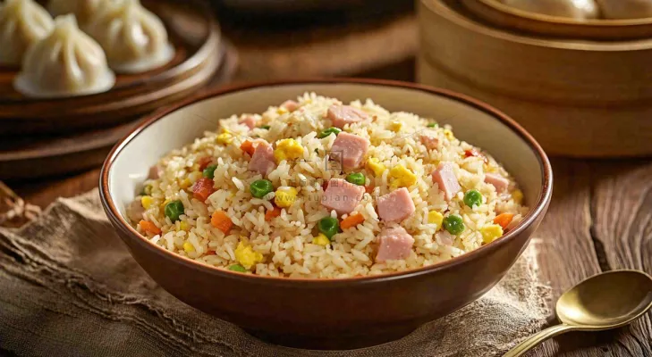 火腿肉丁炒饭鸡蛋美食主食摄影图