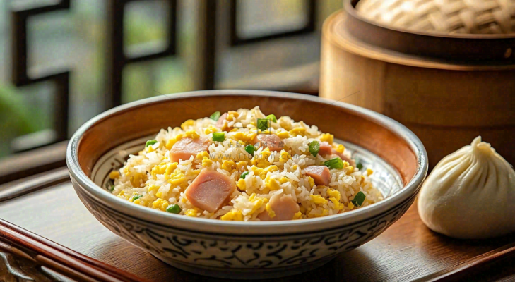 火腿肉丁炒饭鸡蛋美食主食摄影图