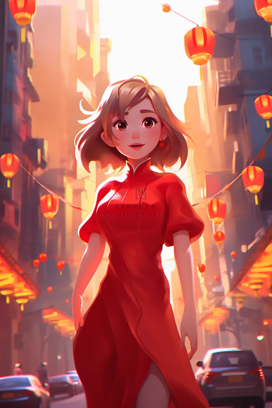 新年春节红色中式旗袍的女孩张灯结彩喜庆卡通插画插图背景