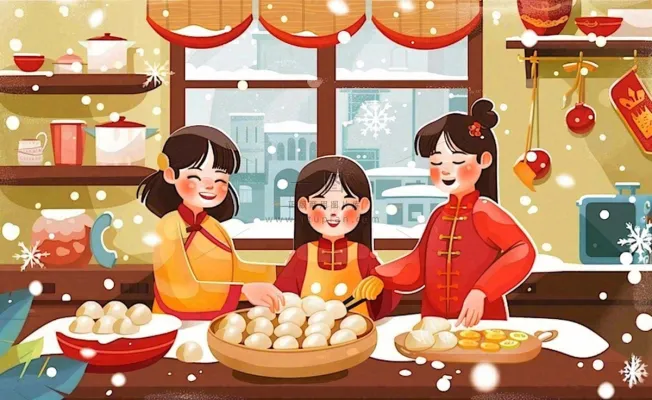 全家福彩色卡通手绘春节除夕初一全家人包饺子包子年夜饭冬至温馨插画背景