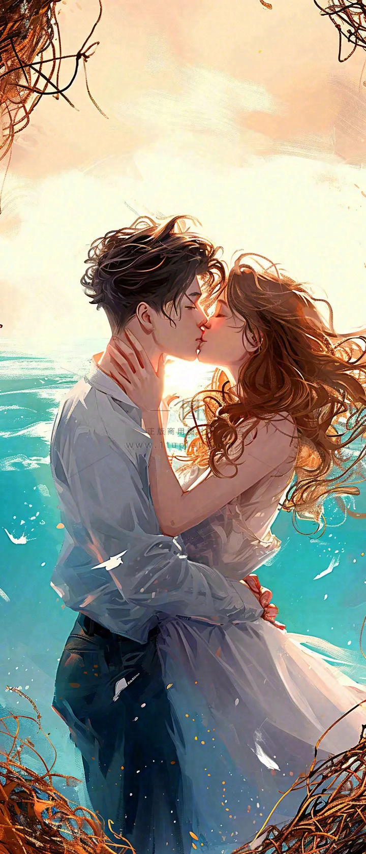 情人节情侣海上拥吻亲吻，爱情唯美落日海景