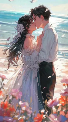 海边阳光沙滩情侣婚纱照爱情甜蜜情人节手绘插画