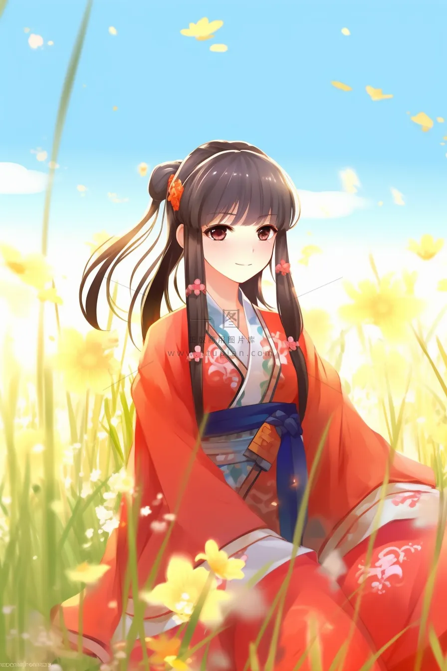 古风少女红裙子在草丛中花瓣纷飞卡通插画