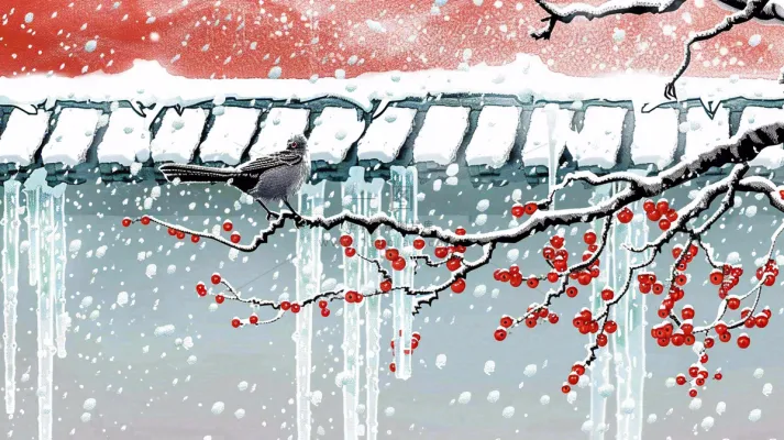 冬季大雪纷飞红色宫墙梅花枝条的小鸟国风插画立冬冬至大雪背景  冬季大雪纷飞红色宫墙梅花枝条的小鸟国风插画立冬冬至大雪背景