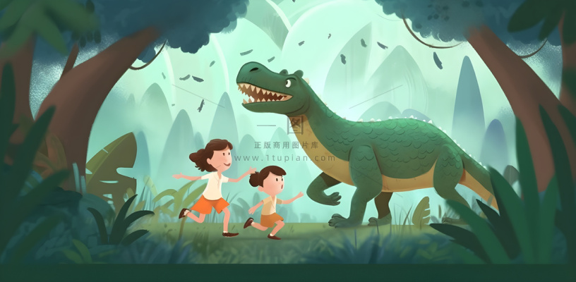 恐龙儿童大自然森林奔跑插画海报素材背景 恐龙儿童大自然森林奔跑插画海报素材背景