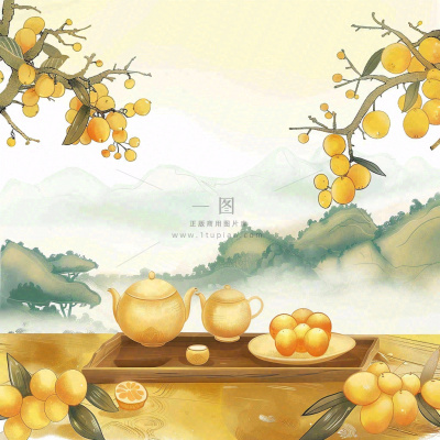 秋天果树杏树下茶壶饮茶卡通插画立秋秋分背景 秋天果树杏树下茶壶饮茶卡通插画立秋秋分背景
