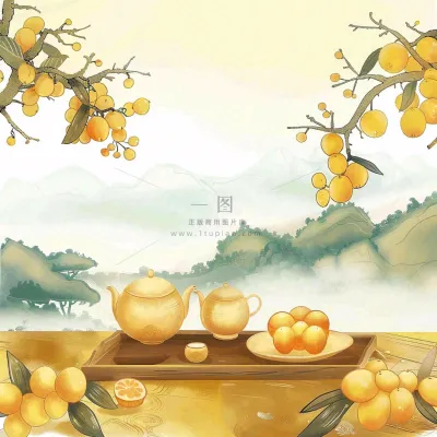秋天果树杏树下茶壶饮茶卡通插画立秋秋分背景 秋天果树杏树下茶壶饮茶卡通插画立秋秋分背景