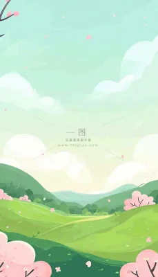 春天卡通手绘绿色的山景和开满粉红色画的树，春游，踏青，春分