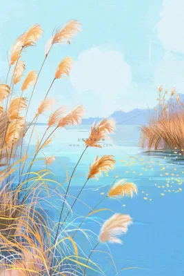 水彩芦苇荡山水画古风中国风白露插画寒露处暑背景 水彩芦苇荡山水画古风中国风白露插画寒露处暑背景