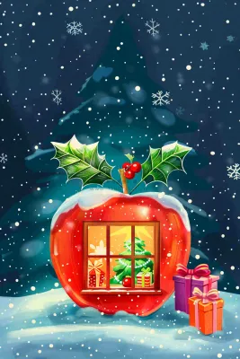 冬天寒冷的白雪红苹果屋窗户夜晚平安夜卡通插画背景