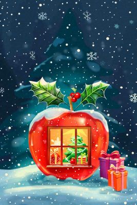 冬天寒冷的白雪红苹果屋窗户夜晚平安夜卡通插画背景 冬天寒冷的白雪红苹果屋窗户夜晚平安夜卡通插画背景