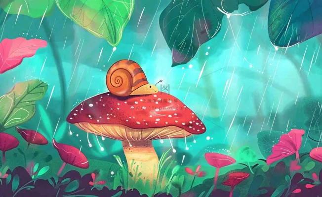 春天雨水蘑菇上的蜗牛森林惊蛰谷雨插画背景