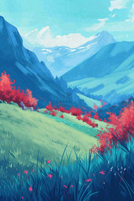 春天郊外绿地草地山脉石头插画手绘，惊蛰春分