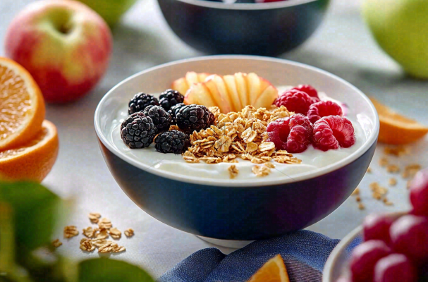 水果燕麦酸奶草莓蓝莓食物饮品摄影图