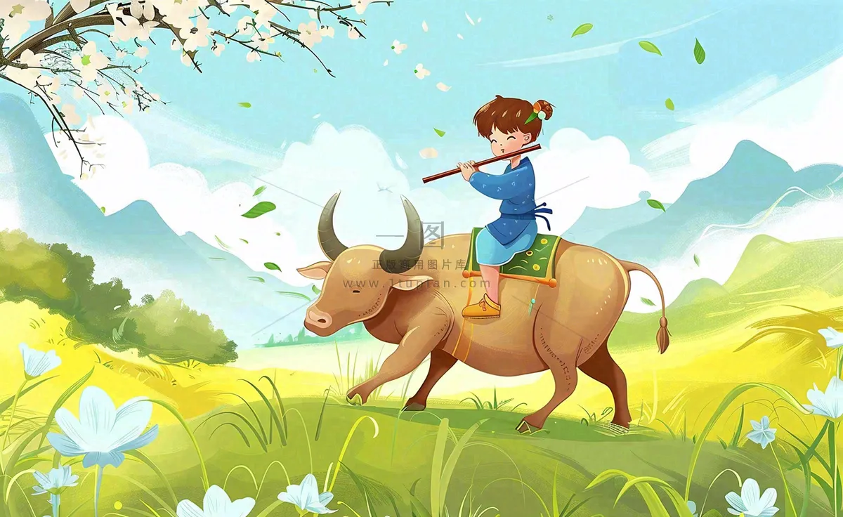 春天孩童放牛吹笛草地花丛出游清明时节卡通插画背景