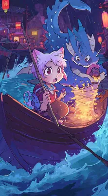 创意卡通古风河面人物游船,夜晚龙灯笼光照,海浪水面 创意卡通古风河面人物游船,夜晚龙灯笼光照,海浪水面