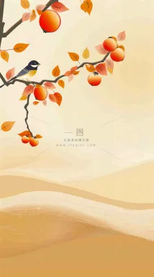 秋冬柿子树上的小鸟黄色插画霜降背景 秋冬柿子树上的小鸟黄色插画霜降背景
