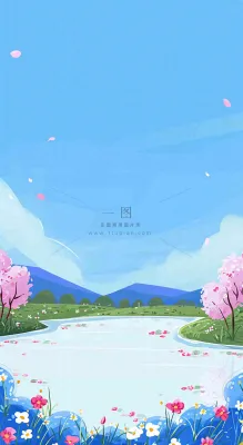 春天浪漫粉色樱花山脉河流蓝天白云清新手绘扁平插画,立春惊蛰 春天浪漫粉色樱花山脉河流蓝天白云清新手绘扁平插画,立春惊蛰