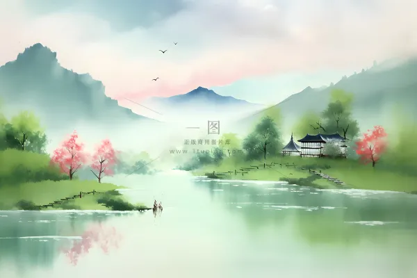 国风清新山河绿植背景 国风清新山河绿植背景