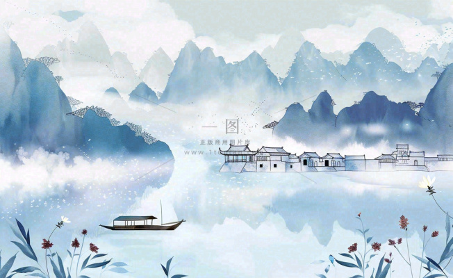 水墨山水江南水乡屋檐白露寒露冷清插画背景