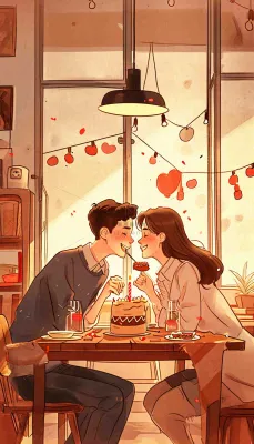 情人节情侣浪漫圣诞节日温馨生日会,插画手绘,居家餐厅美食 情人节情侣浪漫圣诞节日温馨生日会,插画手绘,居家餐厅美食