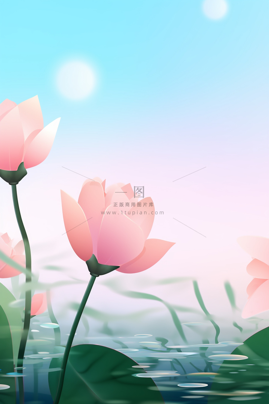 粉蓝色清爽夏日大气花朵扁平背景
