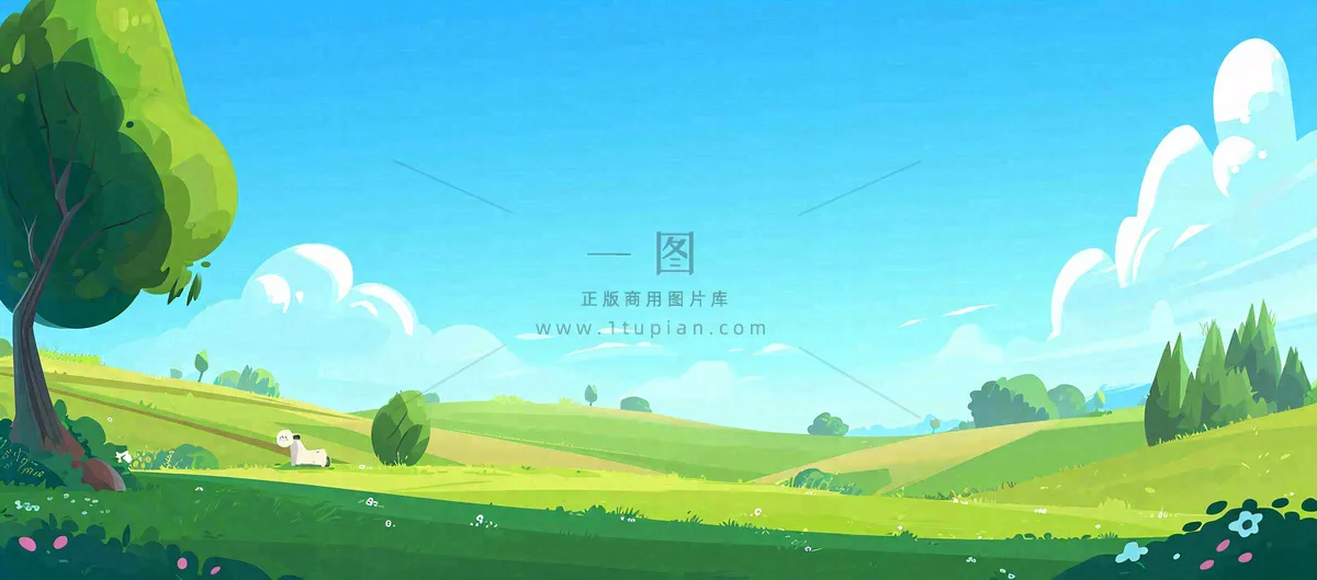 蓝天白云绿植草坪,小草树木清新,春天夏天阳光