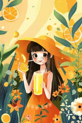 夏天喝橙汁的女孩橘黄色度假风鲜花花丛清凉解暑立夏大暑小暑夏至卡通插画背景