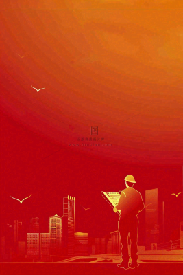 红色工地指挥工人职业人物剪影劳动节插画背景 红色工地指挥工人职业人物剪影劳动节插画背景