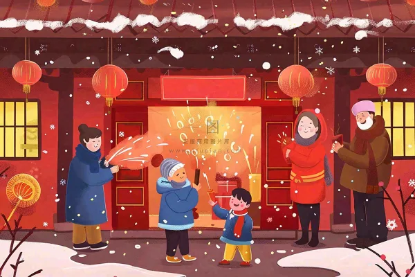 卡通新年全家放烟花鞭炮团聚喜庆春节插画过年喜庆小年除夕夜元宵节背景 卡通新年全家放烟花鞭炮团聚喜庆春节插画过年喜庆小年除夕夜元宵节背景