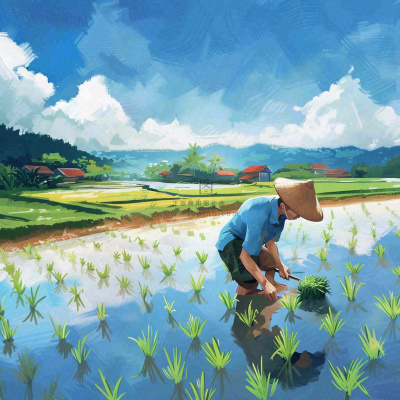 水彩手绘谷雨农夫插秧小满芒种蓝色清新背景插画