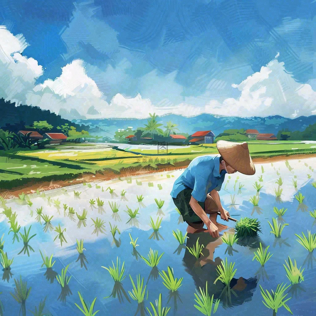 水彩手绘谷雨农夫插秧小满芒种蓝色清新背景插画