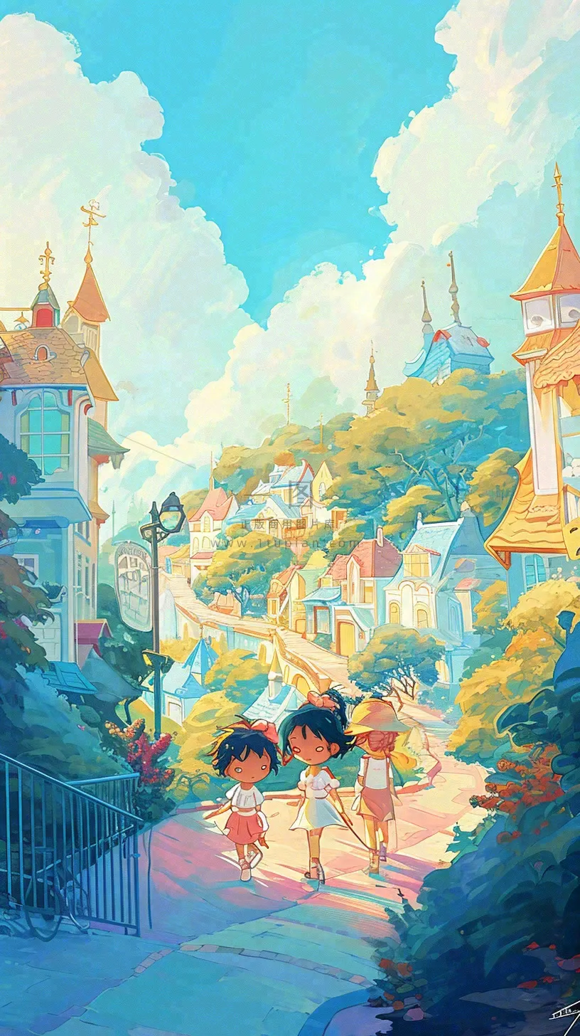 清新蓝天白云儿童路边行走手绘插画,花丛草地植物