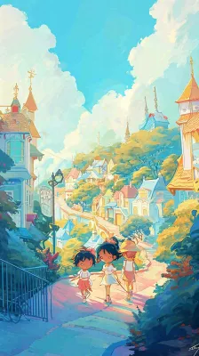 清新蓝天白云儿童路边行走手绘插画,花丛草地植物 清新蓝天白云儿童路边行走手绘插画,花丛草地植物