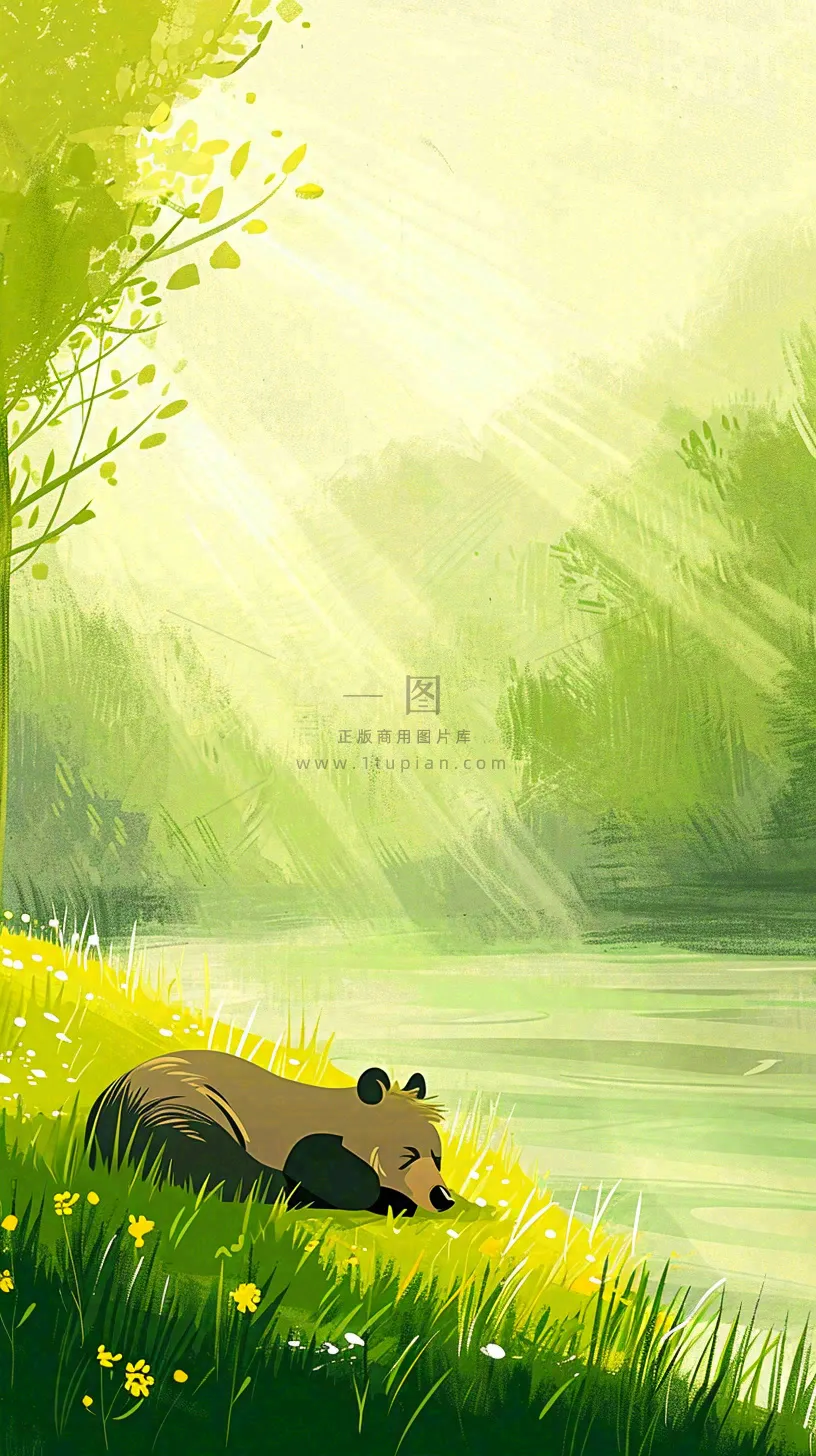 夏日森林丛林阳光绿色河面草丛树木手绘插画,夏至小暑大暑