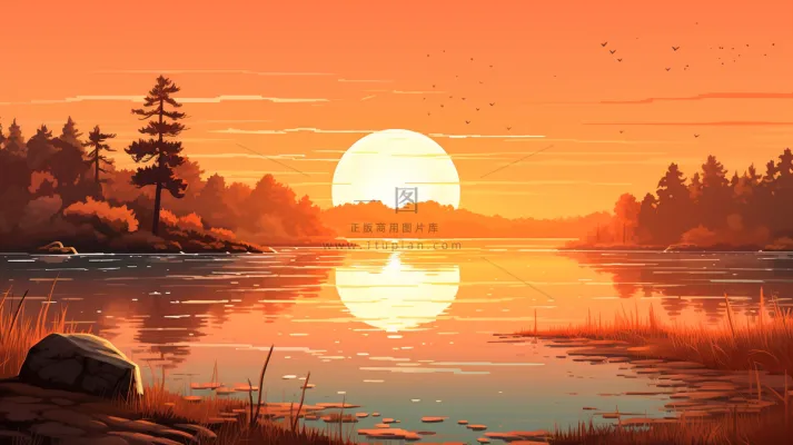 秋季夕阳下的森林湖泊倒映插画素材背景