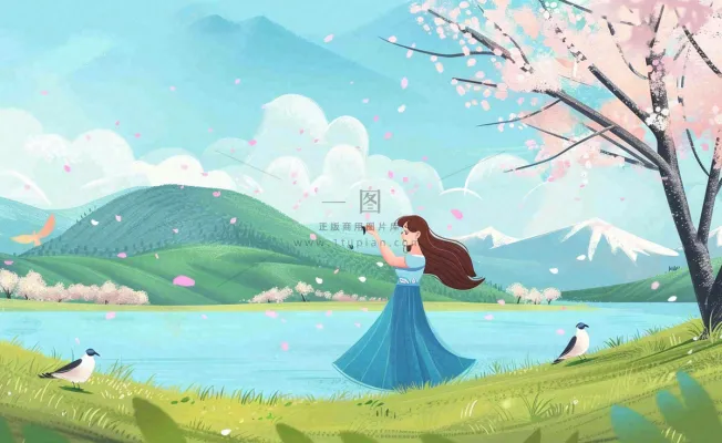 唯美治愈春天女孩踏青旅游立春春分惊蛰卡通插画背景