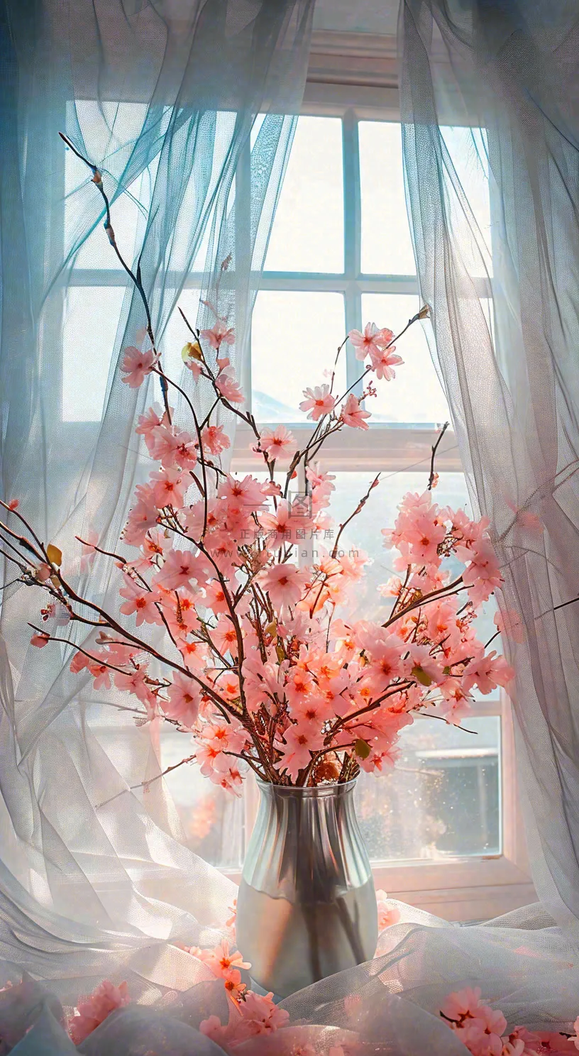 春天窗台花瓶粉色鲜花花束,春分