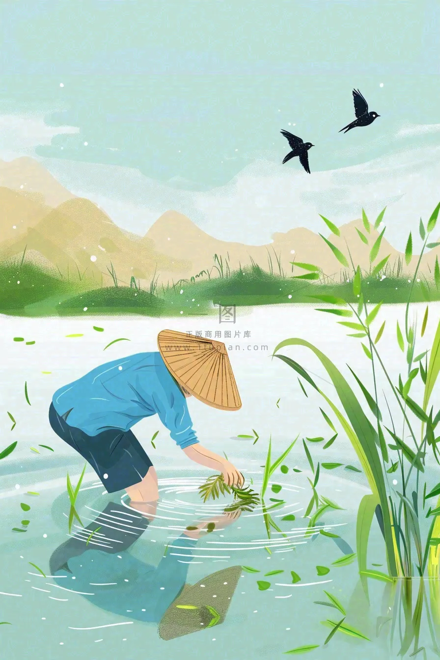 春耕农民种植水稻水田春雨燕子小满芒种春分卡通插画背景