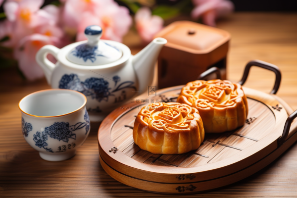 中秋木质托盘餐具上摆放着的月饼和茶壶杯子摄影图