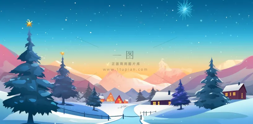 冬季雪天圣诞小镇装饰夜晚节日氛围卡通插画背景