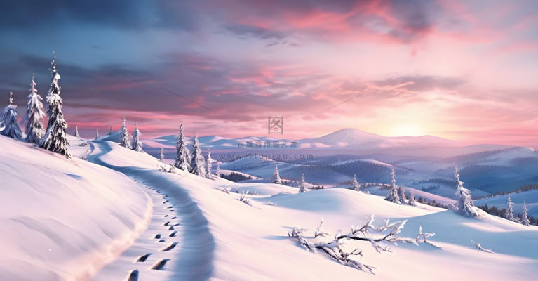 茫茫的雪原清晨日出霞光普照摄影图