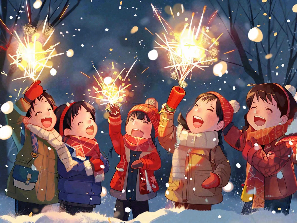 孩童儿童一起放烟花场景开心热闹庆祝新年春节小年除夕夜卡通插画背景