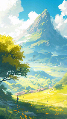 阳光春天细长流水山脉村庄小屋草坪，春分，旅行露营