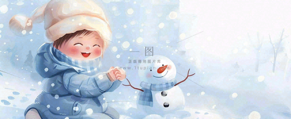 冬季雪地里玩耍的男孩堆雪人可爱卡通插画小雪大雪小寒大寒背景