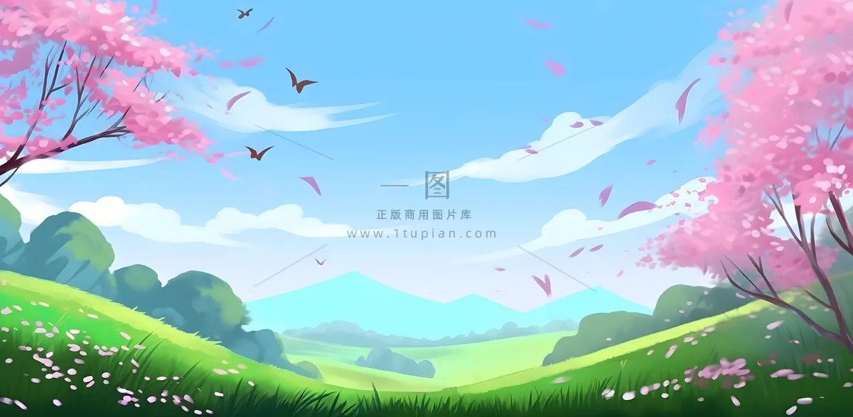 春天蓝天白云草原绿色树草地手绘插画海报素材背景
