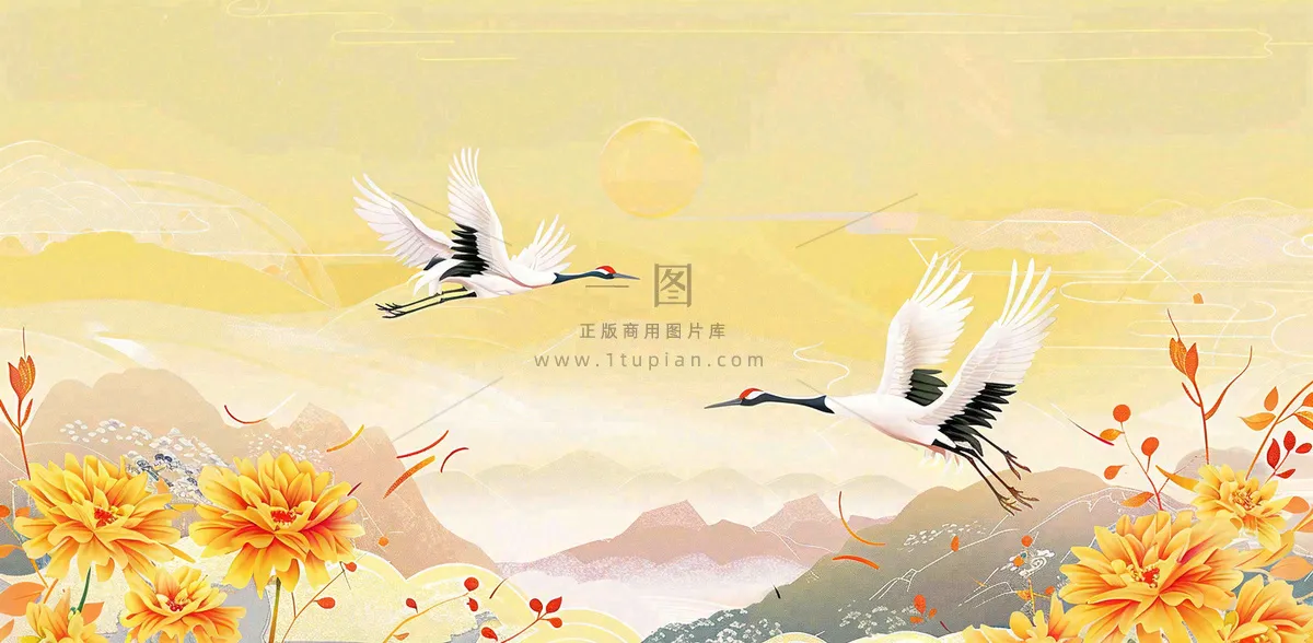 国潮风重阳菊花仙鹤山水场景插画中秋背景