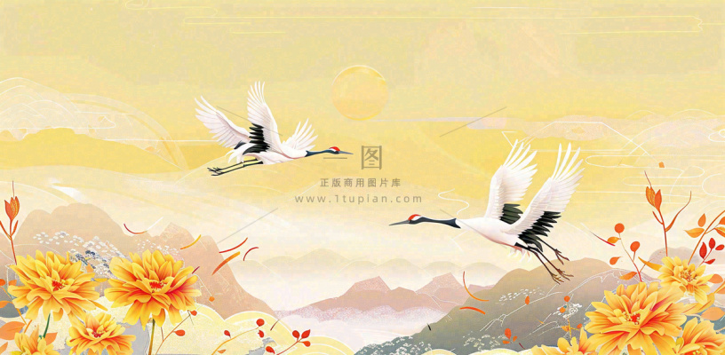 国潮风重阳菊花仙鹤山水场景插画中秋背景 国潮风重阳菊花仙鹤山水场景插画中秋背景